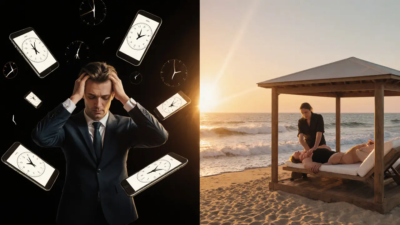 A person transformed from stress to serenity: one side shows digital overload, the other shows relaxation on a beach with ocean waves and sunset.