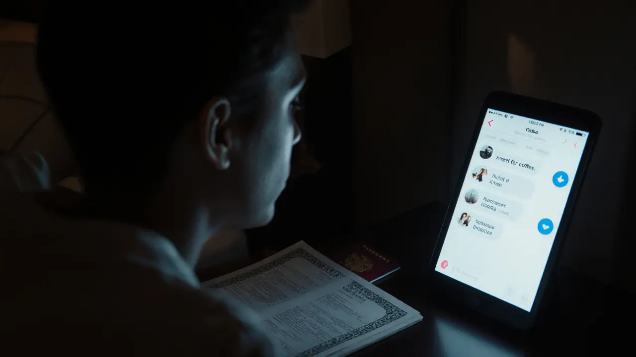 A person viewing a dating app on a phone in a Dubai hotel room, with a passport and marriage certificate on the table.
