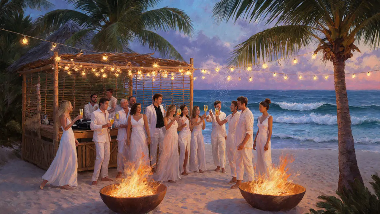 A private group celebrates in white attire under string lights at a beach club cabana at dusk.