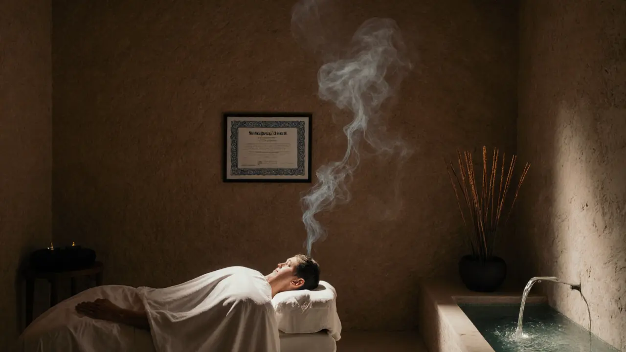 A professional massage at a licensed Dubai spa, with a Ministry of Health license visible on the wall.
