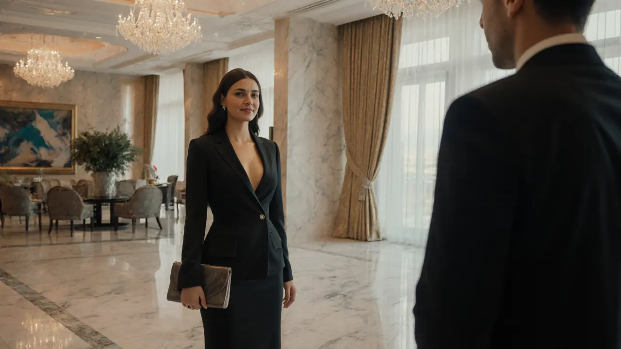 A professionally dressed companion in a hotel lobby, meeting a guest respectfully with no physical contact.