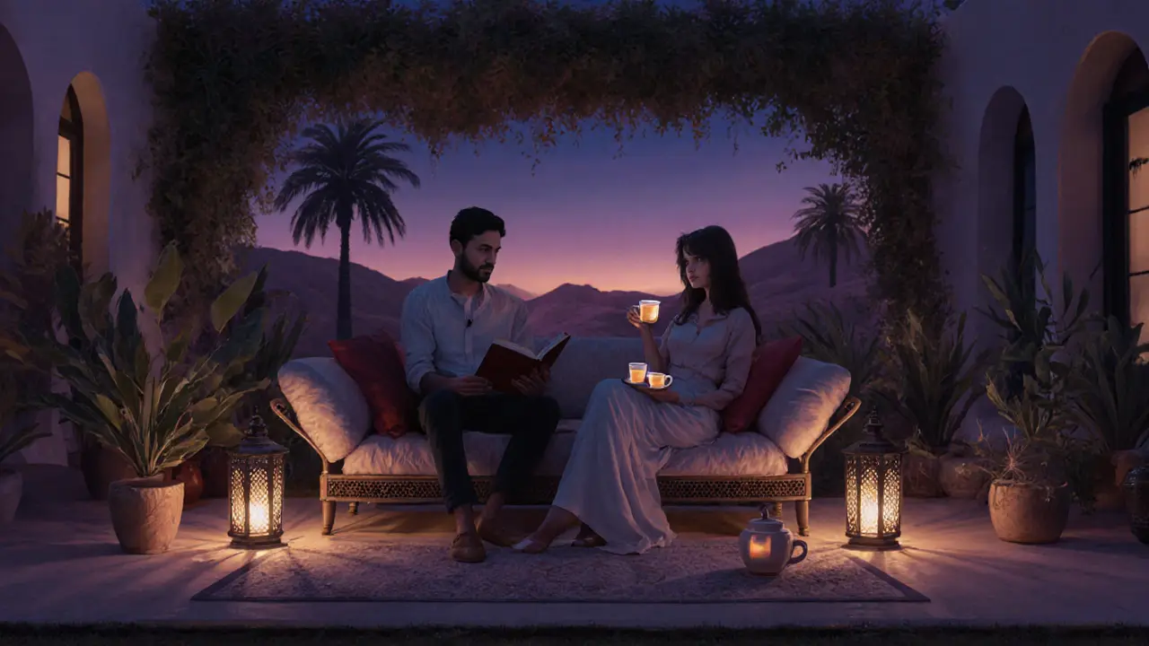 A quiet moment in a villa garden at twilight, two people sharing tea and reading.
