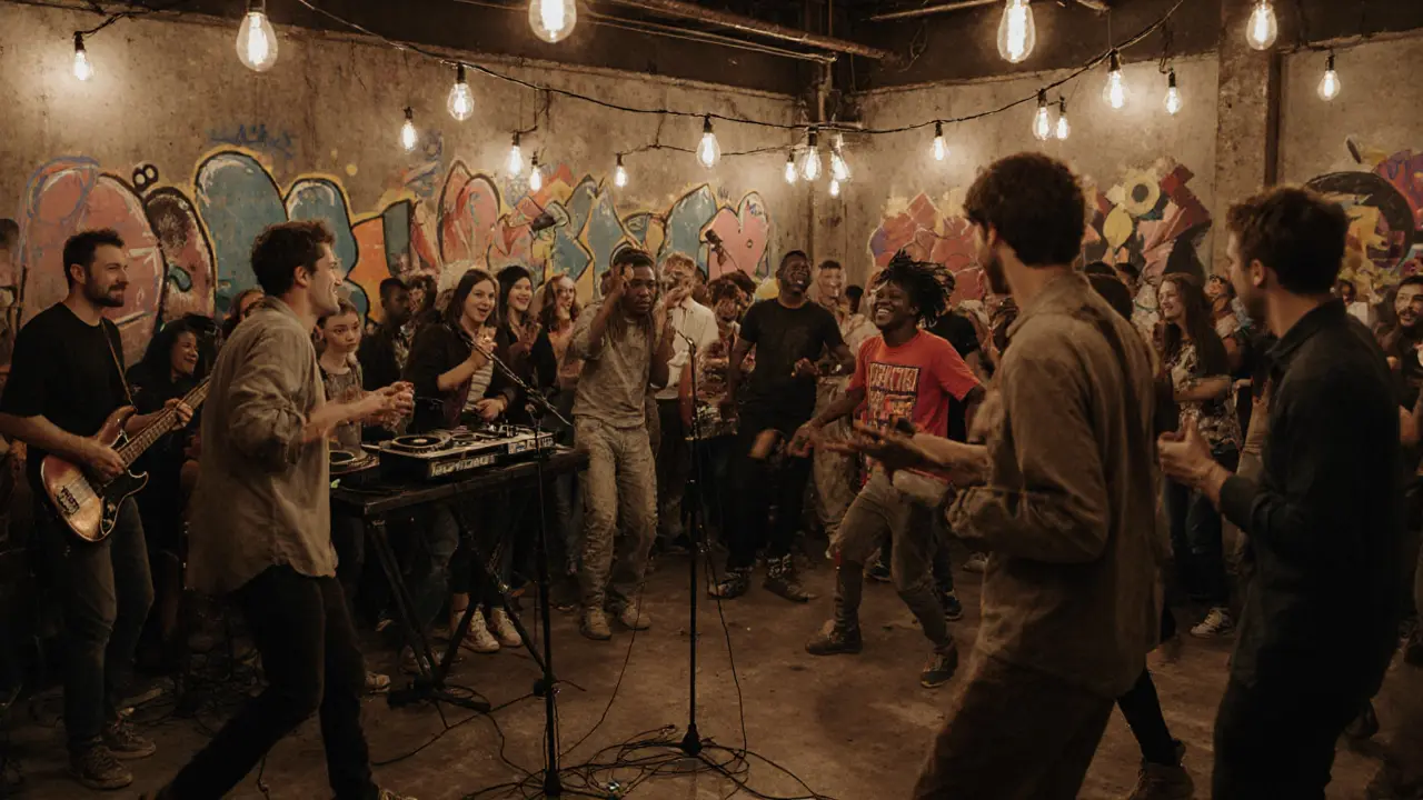A raw warehouse party with live music, diverse crowd, and industrial lighting in an arts district.