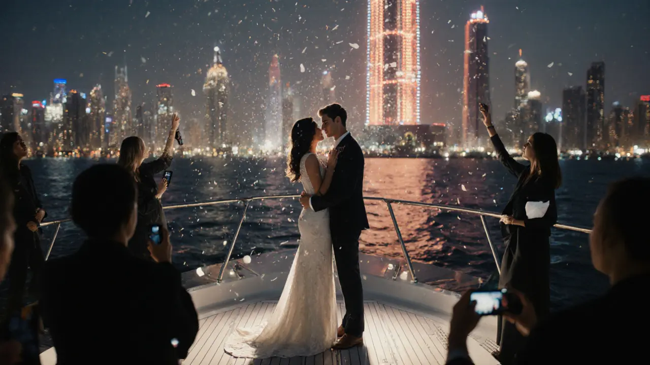 A romantic proposal on a yacht at dusk, with the Burj Khalifa light show illuminating the couple in the foreground.