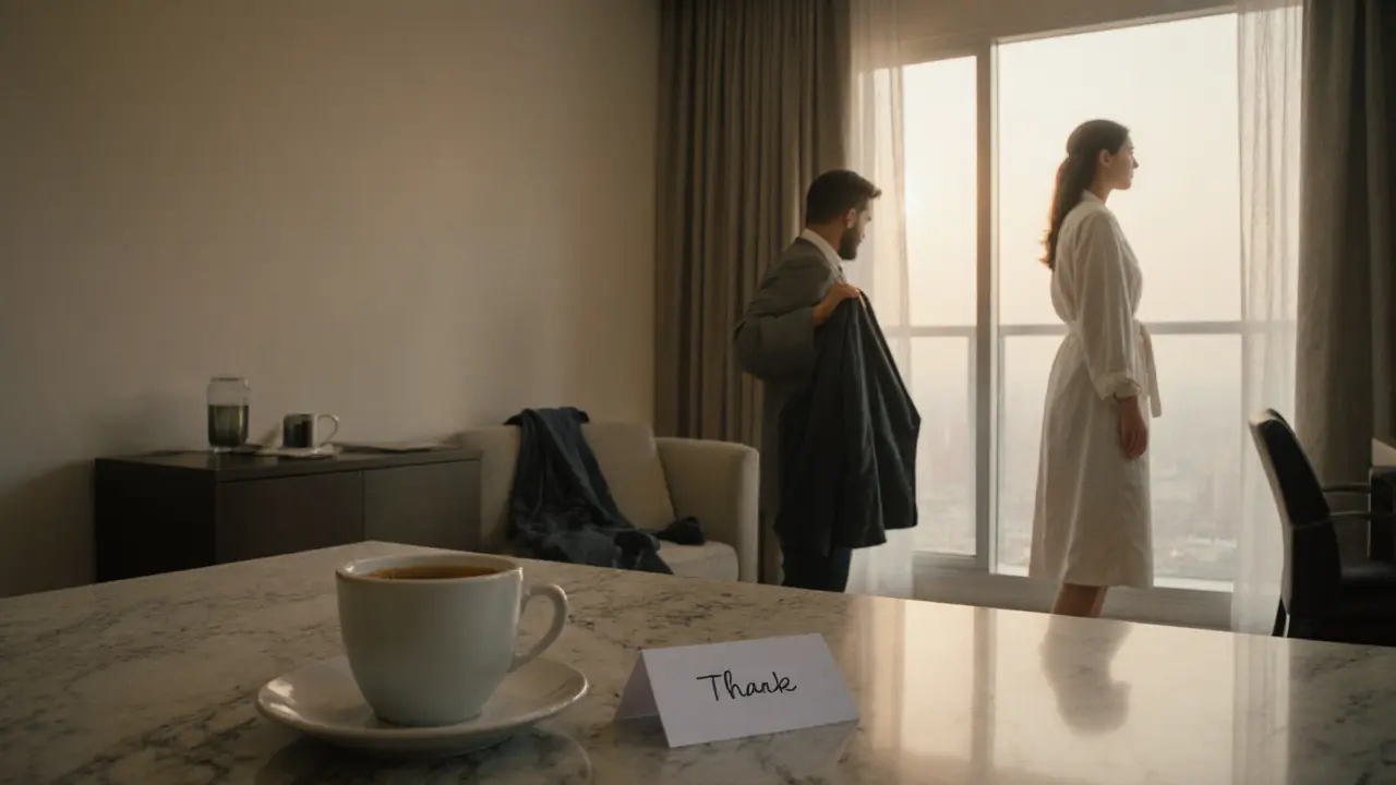 A serene apartment at dawn with a robe and jacket left neatly, conveying quiet connection and closure.