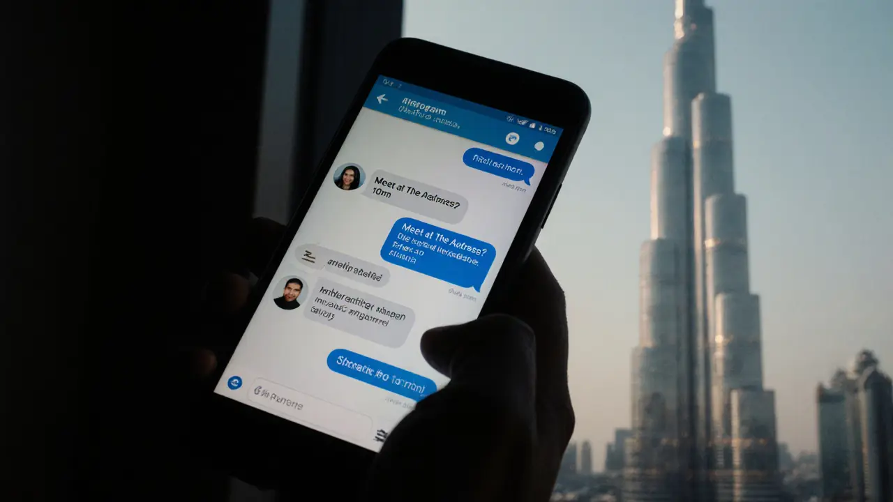 A smartphone screen showing encrypted messages in a dark room, with Dubai&#039;s skyline visible through the window.