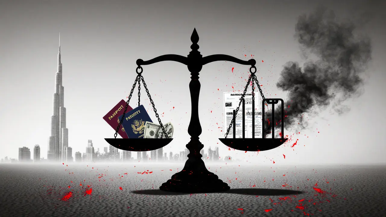 A symbolic scale balances legal risks against consequences: passport, cash, and prison bars.