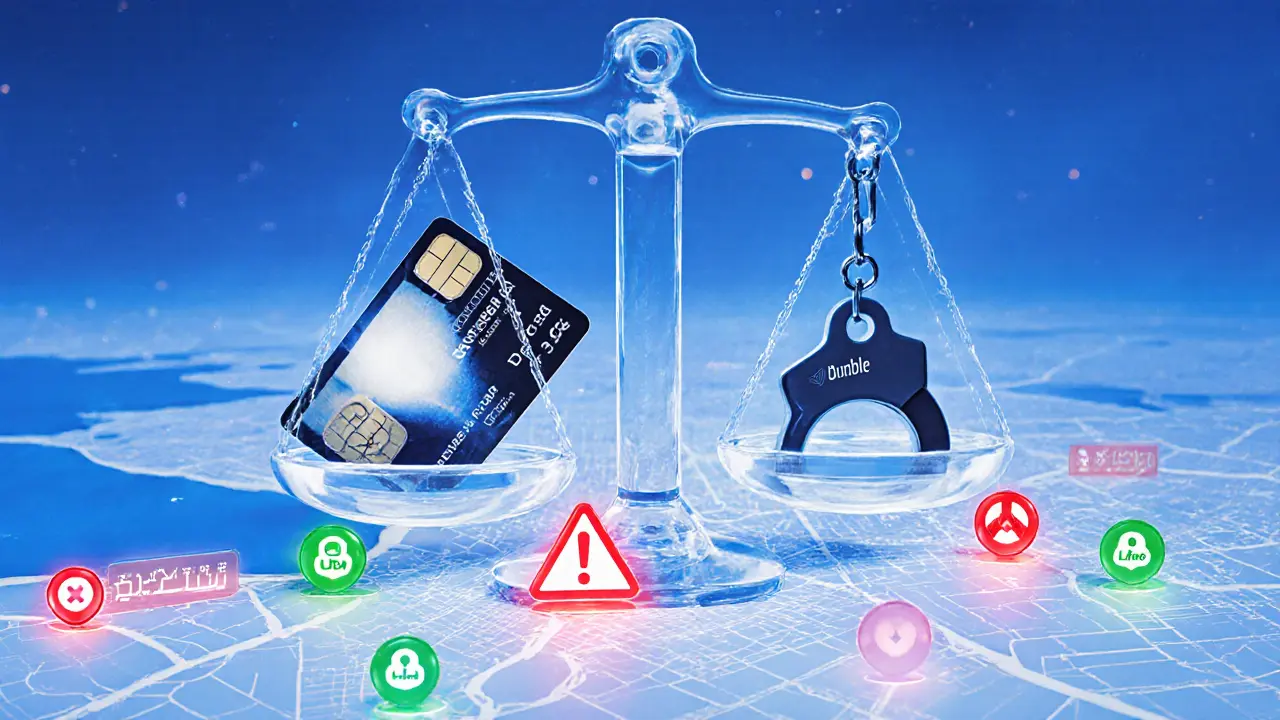 A symbolic scale balancing a hotel keycard against handcuffs above a map of Dubai with safety and danger icons.