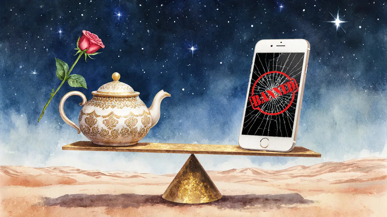 A symbolic scale balancing traditional Emirati culture against a banned smartphone in the desert.