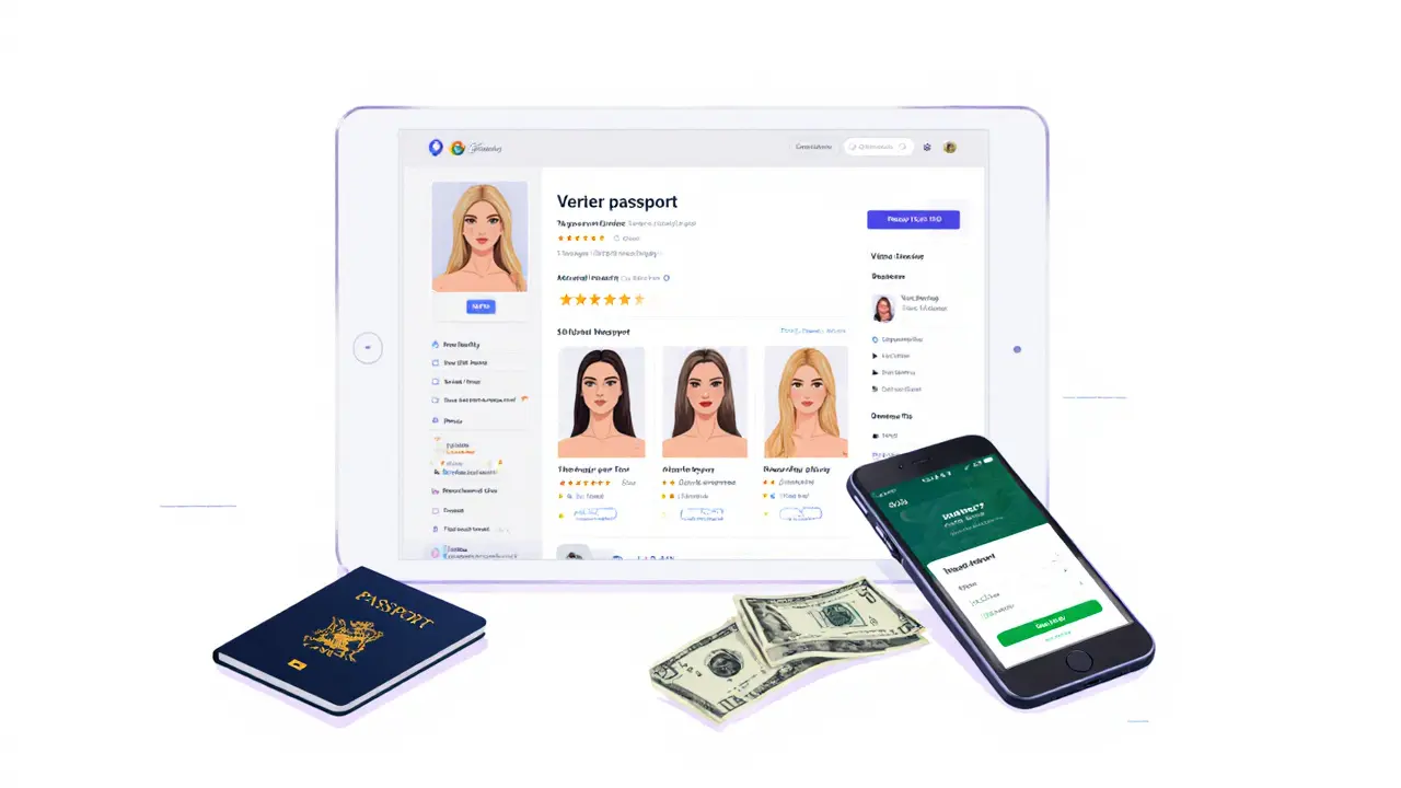 A tablet displaying verified escort profiles with client reviews, surrounded by personal items.