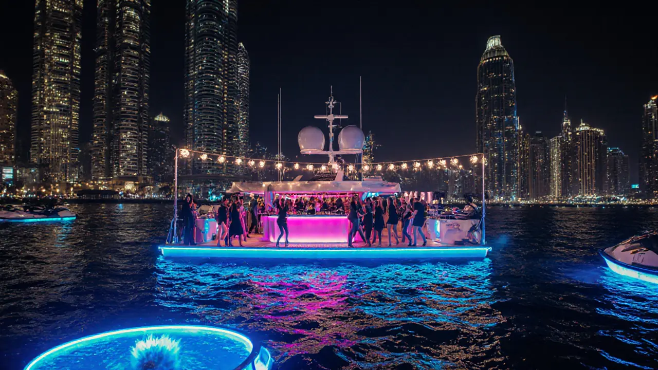 A vibrant nighttime yacht party with neon lights and dancing guests, the Dubai skyline glowing behind them under a starry sky.