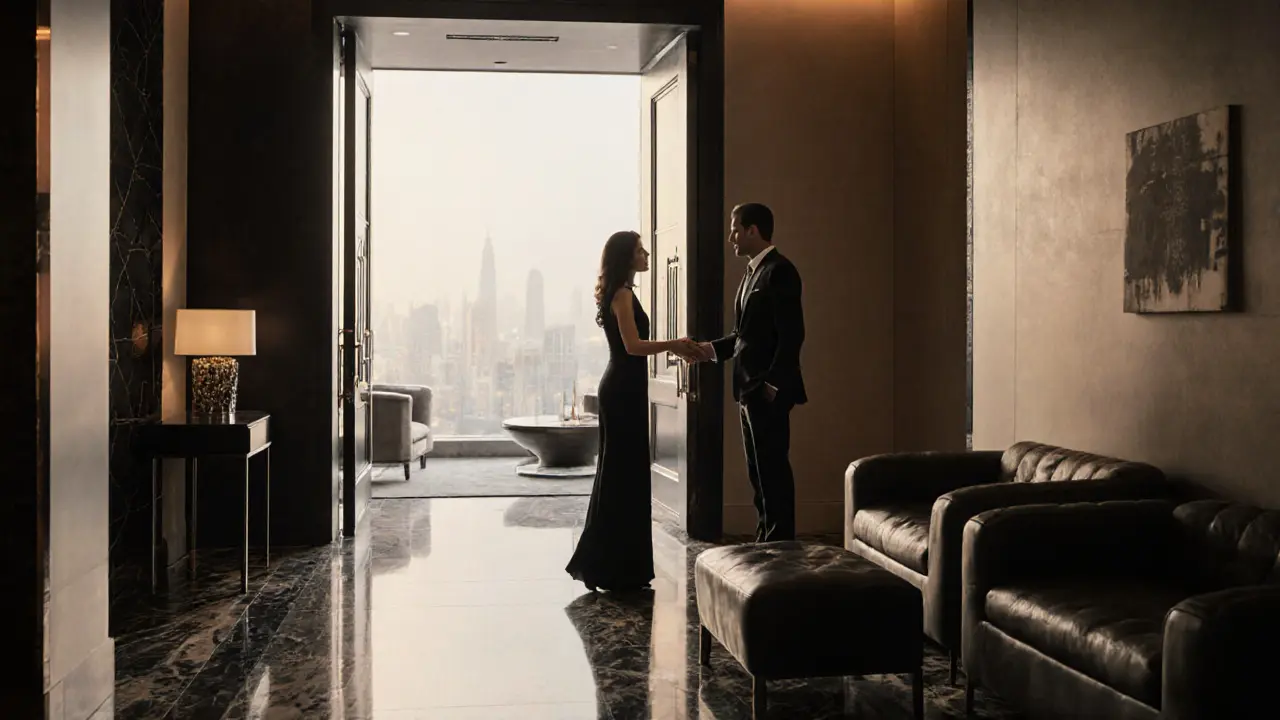 A woman greeting a man in a discreet Dubai boutique hotel lobby, no staff visible, soft lighting creating an intimate atmosphere.