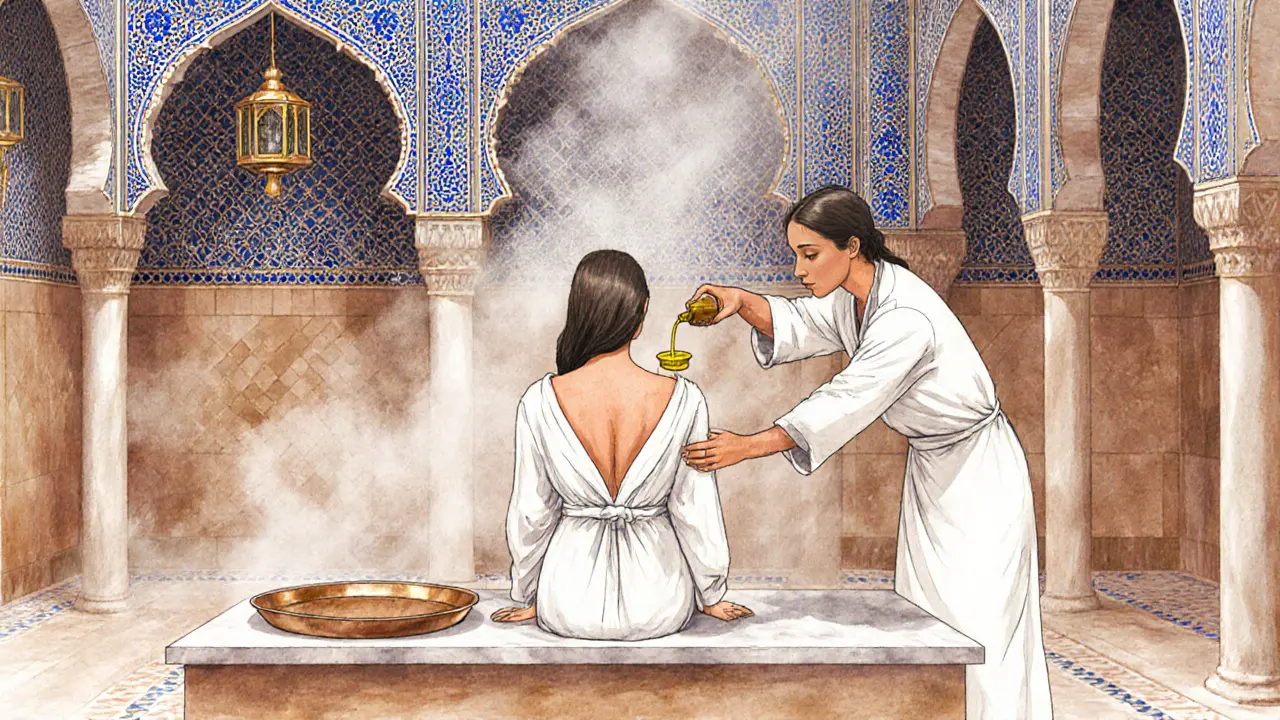 A woman receiving an oil massage in a traditional Arabic hammam, surrounded by steam, tiled walls, and copper trays under soft lantern light.