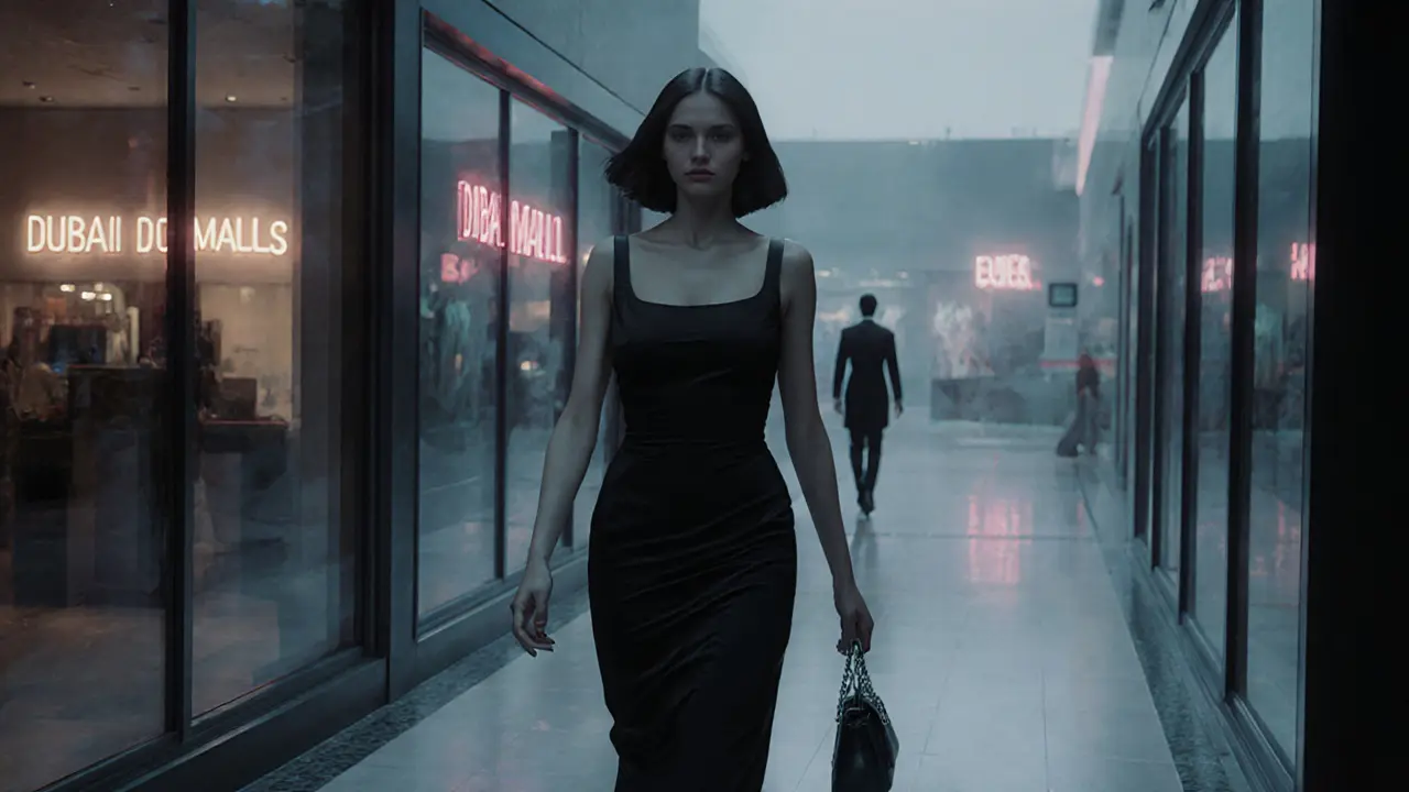 A woman walks through the Dubai Mall at dusk, her reflection hinting at a hidden presence.