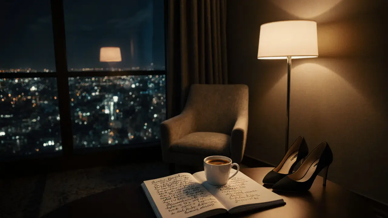 An empty luxury lounge at night with a coffee cup and notebook, hinting at a quiet, meaningful encounter.