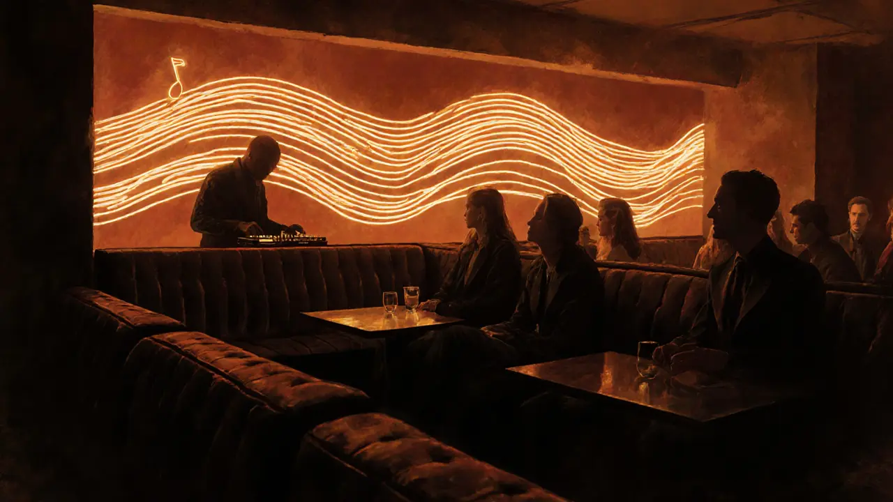 An intimate underground club with velvet booths and soft neon lights, patrons lost in the music.