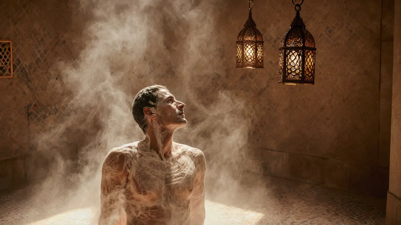 Arabian hammam ritual with steam, scrubbing, and oil massage in a tiled, lantern-lit chamber.