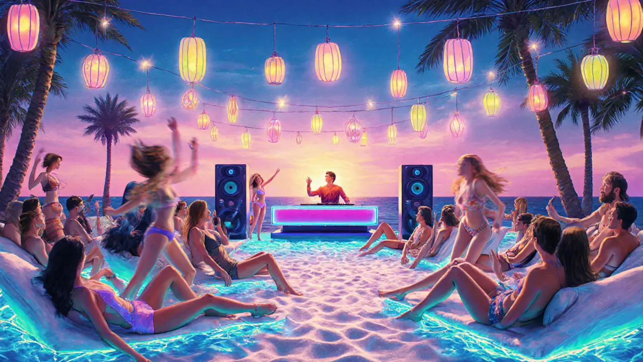 Beach club at sunrise with UV-lit waves, people lounging on daybeds under hanging lanterns.