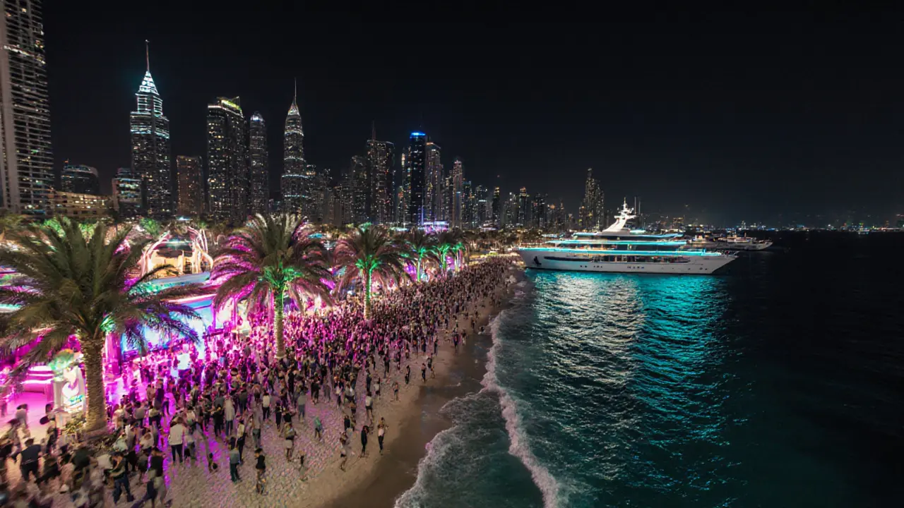 Beach club scene at night with dancing crowd, neon lights, and ocean waves under Dubai&#039;s skyline.
