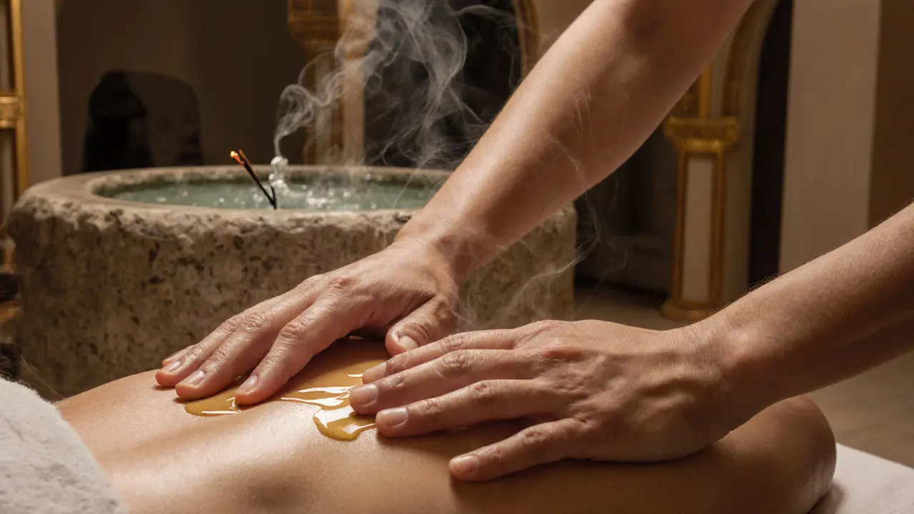 Close-up of hands applying deep tissue massage to shoulder with warm oil and incense smoke in the background.