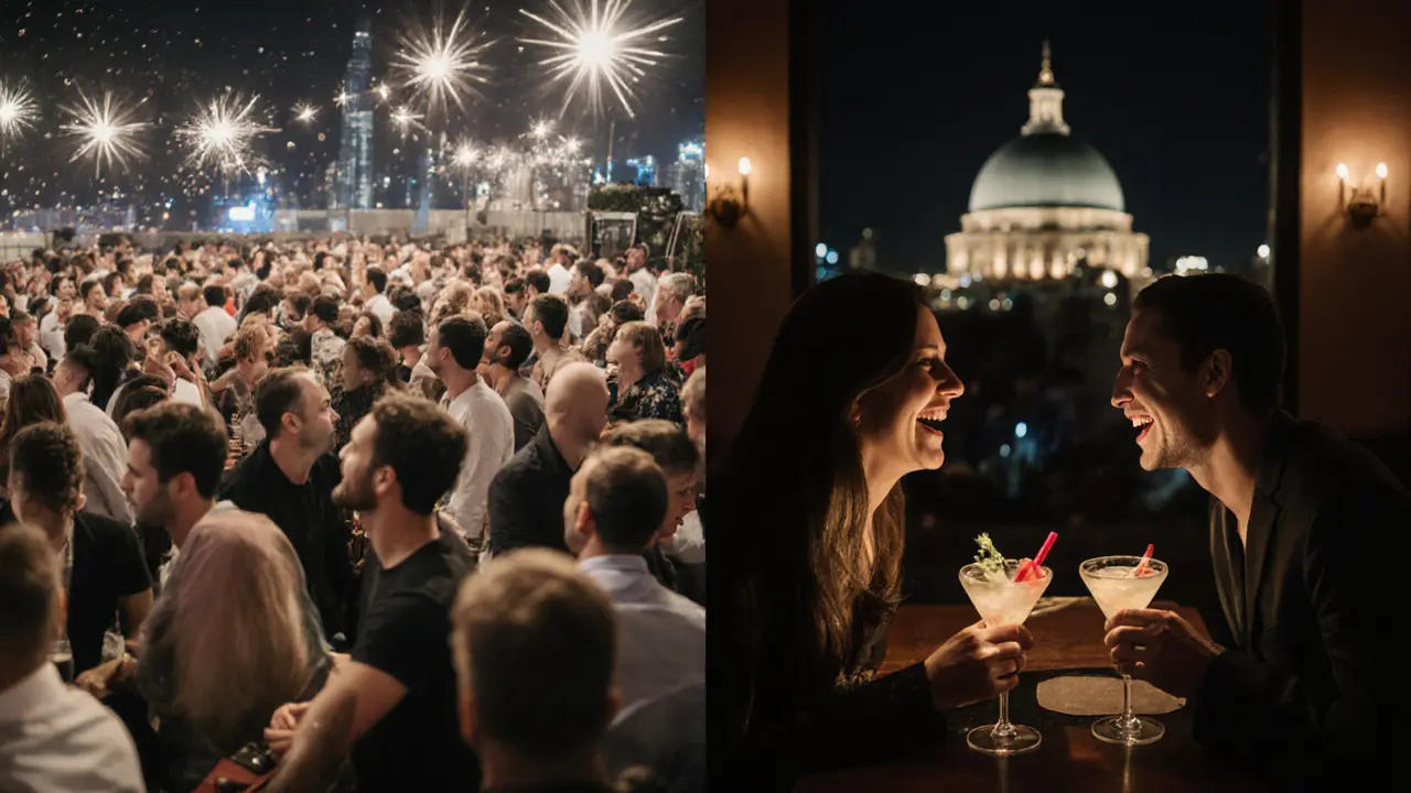 Contrast between a busy rooftop bar and a calm jazz lounge, symbolizing connection vs. chaos.