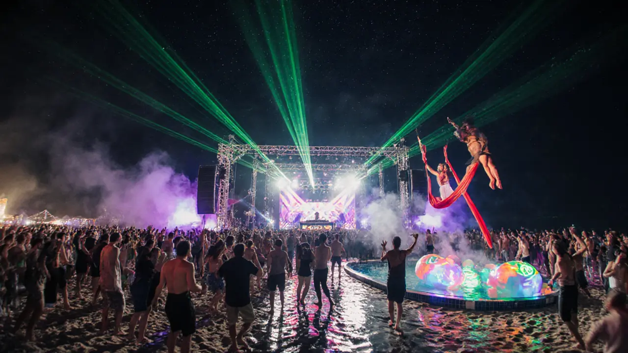 Crowd dancing on wet sand at a nighttime beach rave with lasers and neon lights reflecting off the ocean.