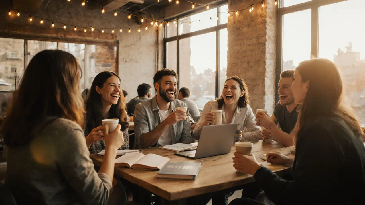 Diverse friends laughing together in a warm, lively co-working space in Dubai.