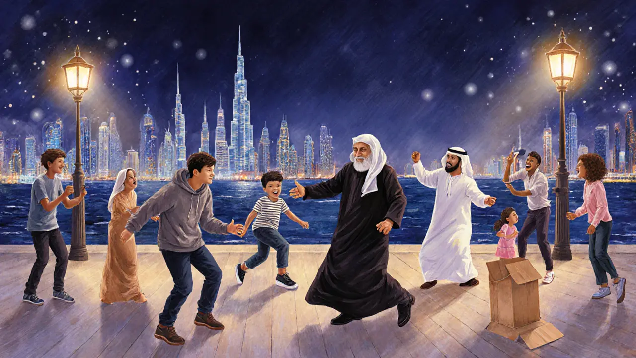 Diverse group dancing on Dubai Marina promenade at sunset, cultural moves under string lights.