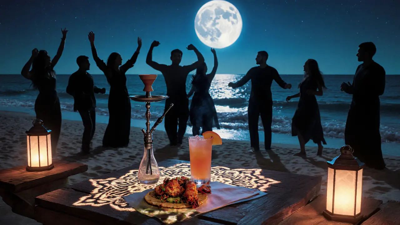 Diverse group dancing under moonlight with cultural light projections on sand and tropical drinks nearby.
