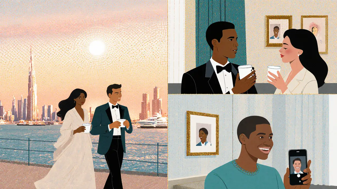 Diverse scenes of companionship in Dubai: dinner by the marina, an art gallery outing, and a video call from a hotel room.