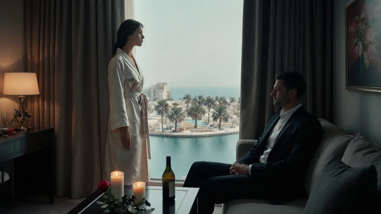 Elegant private hotel suite in Dubai with candlelight, wine, and rose, conveying discretion and sophistication.