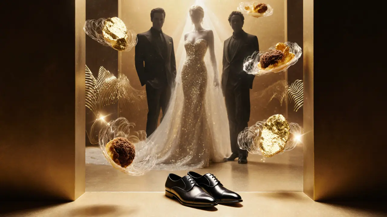 Elegant shoes step into a surreal space filled with floating gourmet bites and fashion-shaped soundwaves in golden light.