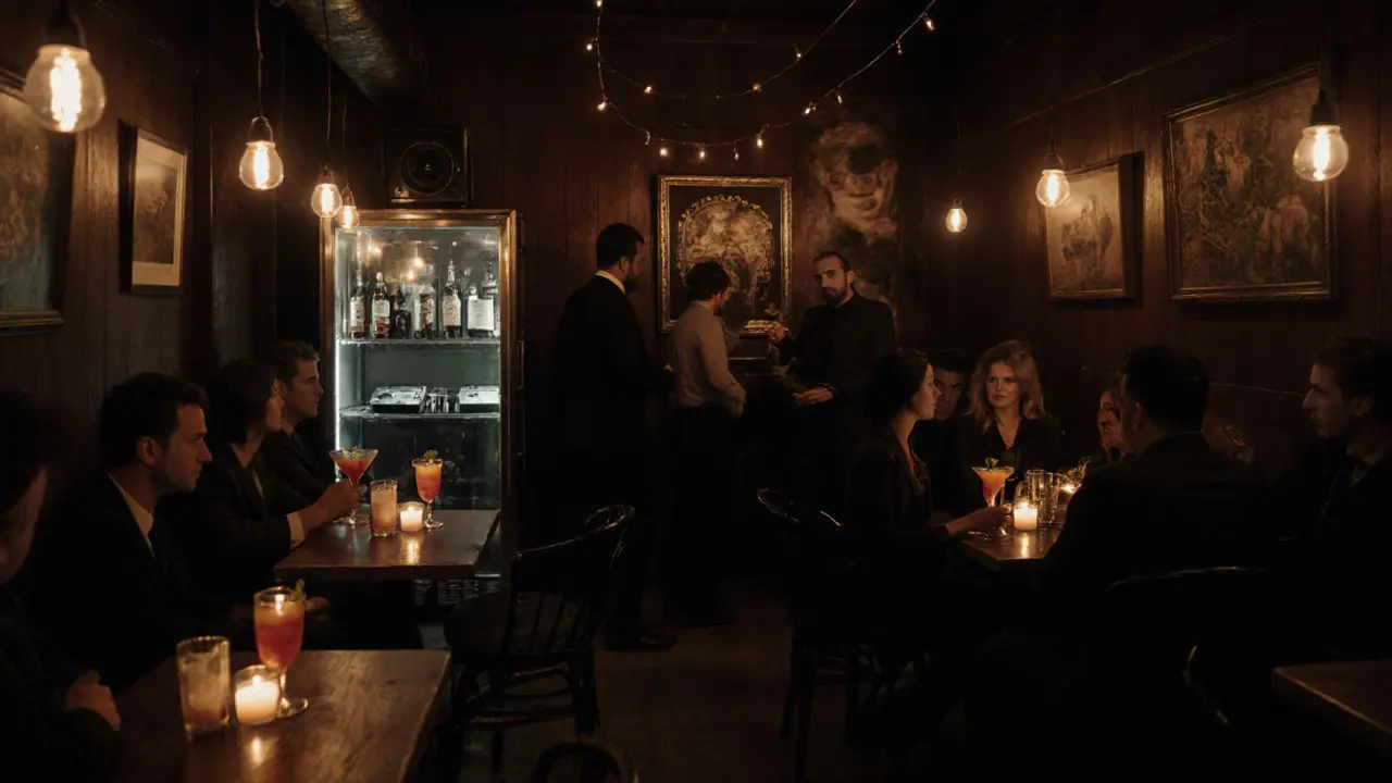 Hidden underground bar with dim lighting, patrons drinking cocktails behind a refrigerator door.