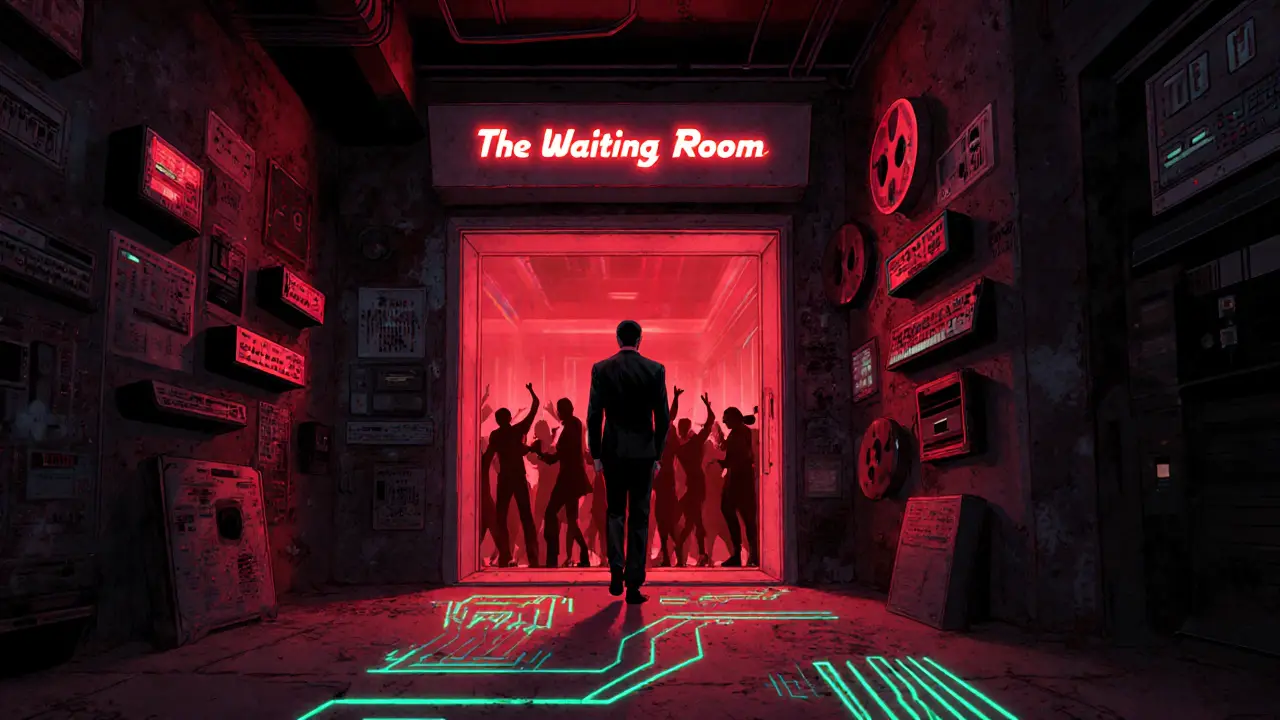 Hidden underground club entrance behind a fridge, lone figure stepping into a neon-lit dance crowd.