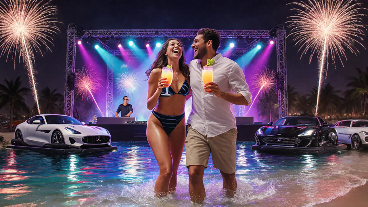 Nighttime beach party with floating stage, DJ under neon lights, fireworks reflecting on water.