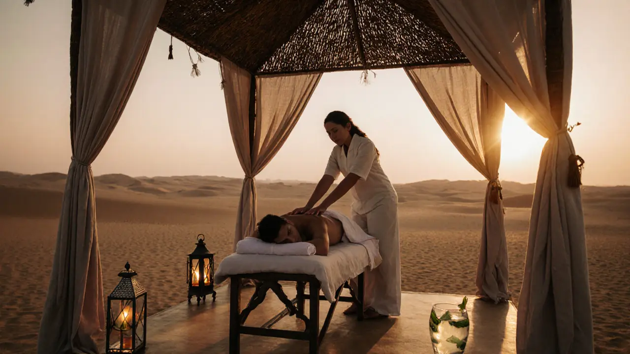 Outdoor desert massage pavilion at sunset with canopy, lanterns, and Arabian oil being applied to a relaxed client.
