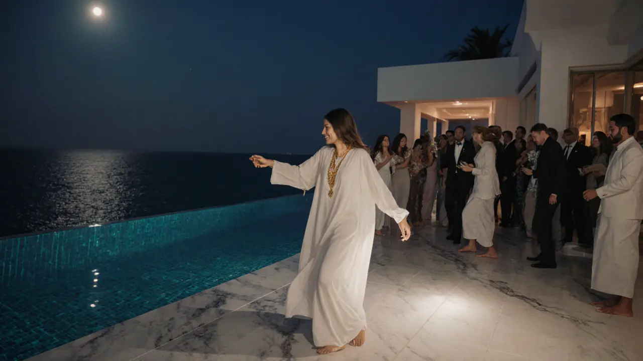 People dance on a marble deck beside an infinity pool at a private Palm Jumeirah villa under moonlight.
