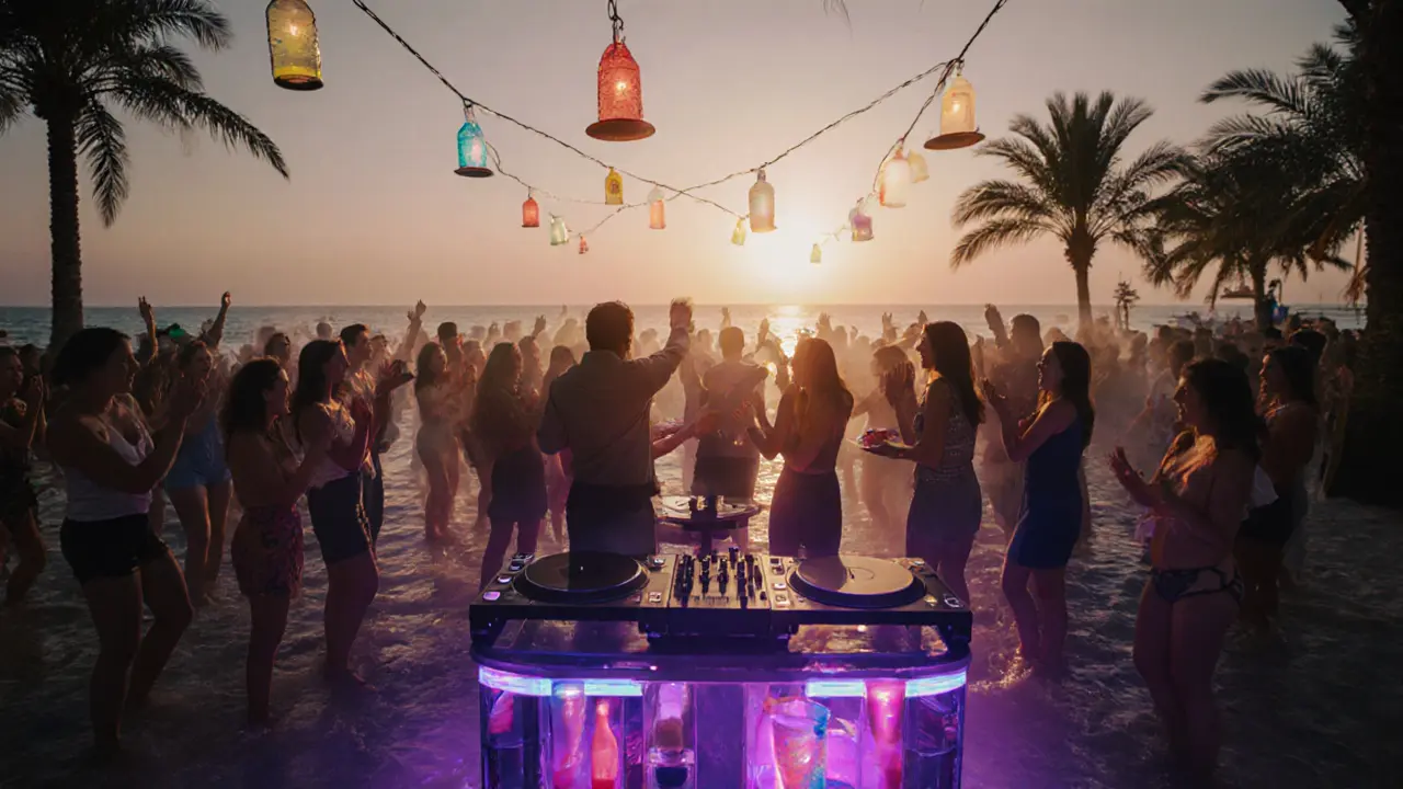 People dancing barefoot in the ocean at a Dubai beach club as DJs play under glowing string lights at dusk.