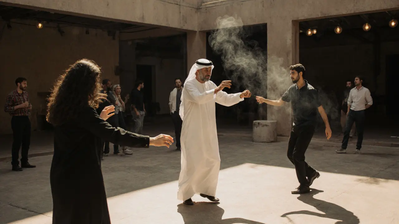 People dancing in art courtyard at night, man in thobe moving to fusion music under soft lights.
