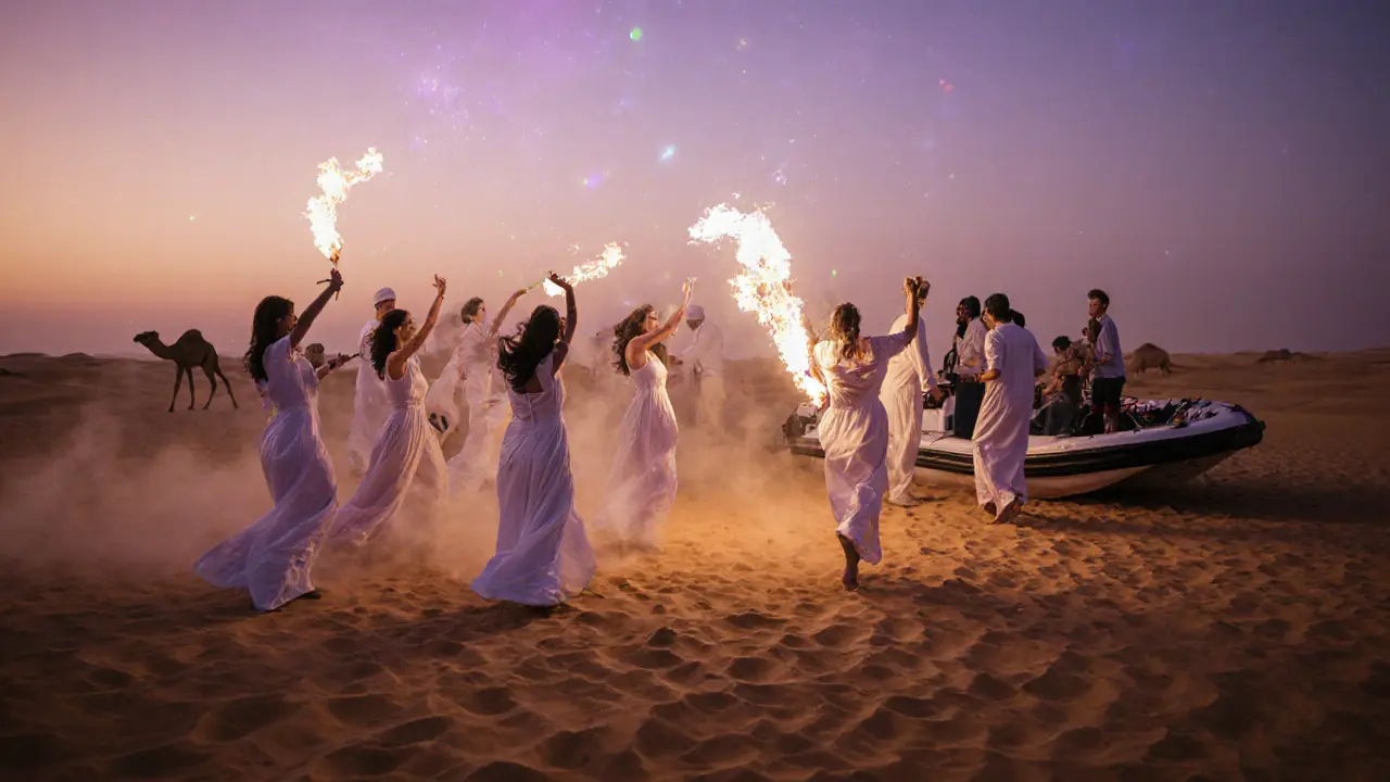 Rave in the desert at sunrise with fire dancers, speedboat, and neon lights over sand dunes.