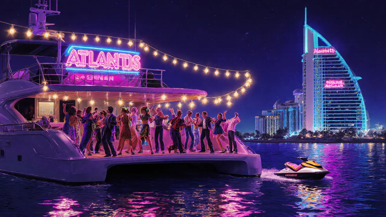 Retro-themed yacht party at night with guests dancing under string lights and neon reflections.
