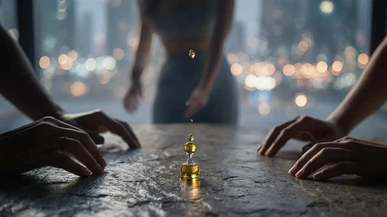 Slow-motion oil drop falling on stone table, surrounded by abstract silhouettes of therapeutic touch.