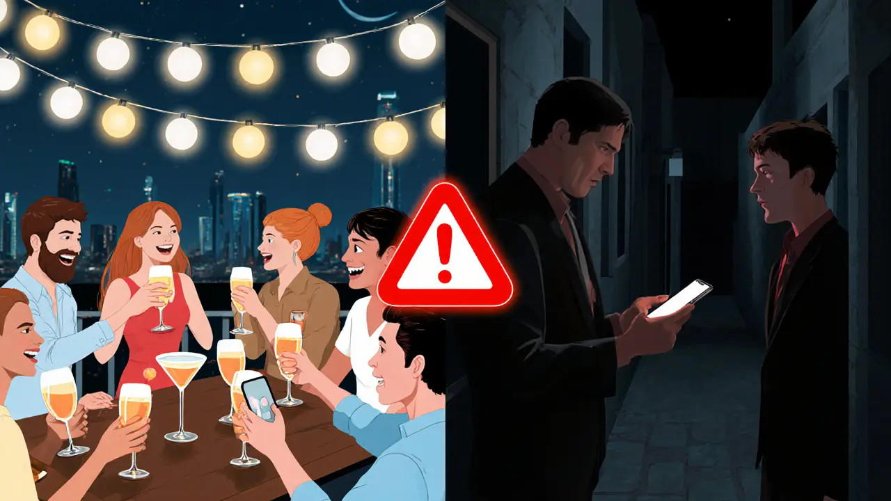 Split scene: tourist enjoying a rooftop party vs. being approached by a suspicious stranger in a dark alley.