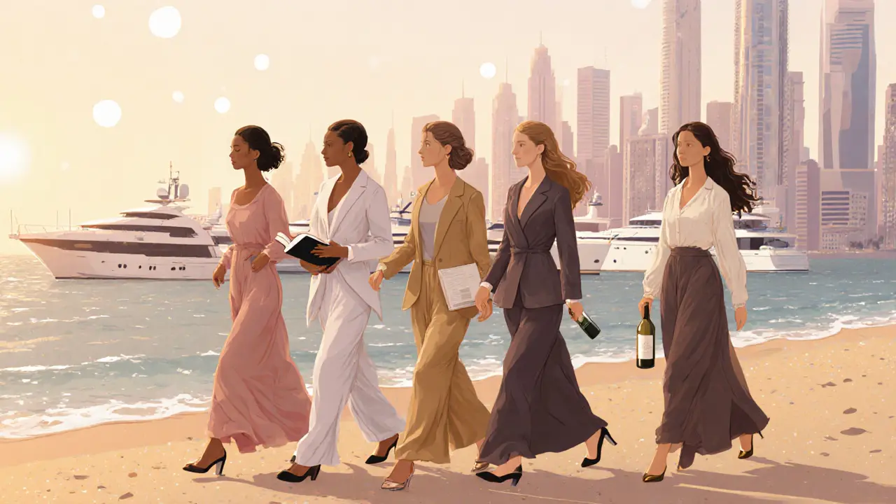 Three elegant women walk along Jumeirah Beach at sunset, each carrying a subtle cultural item.