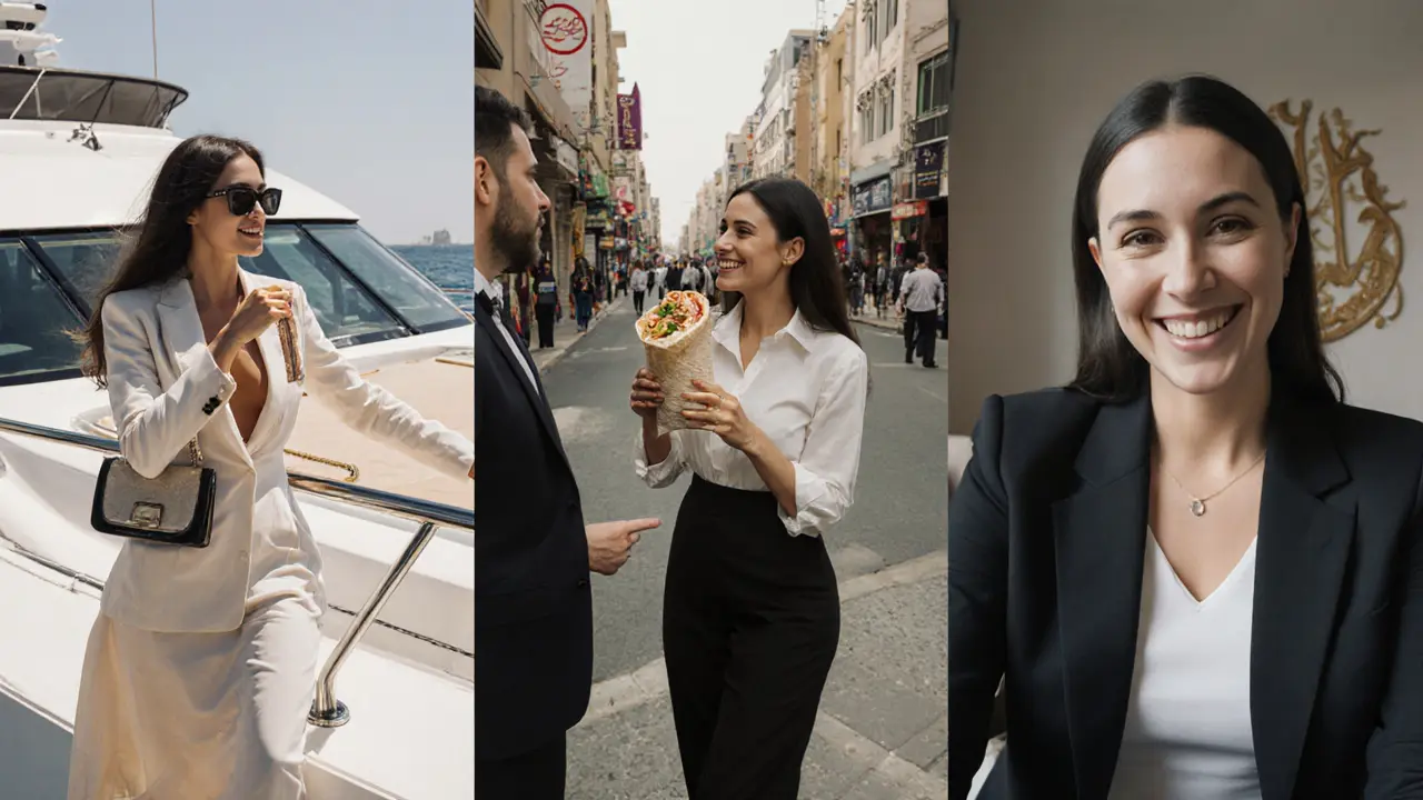 Three scenes showing different types of escort services in Dubai: yacht companion, street-side local, and virtual call.