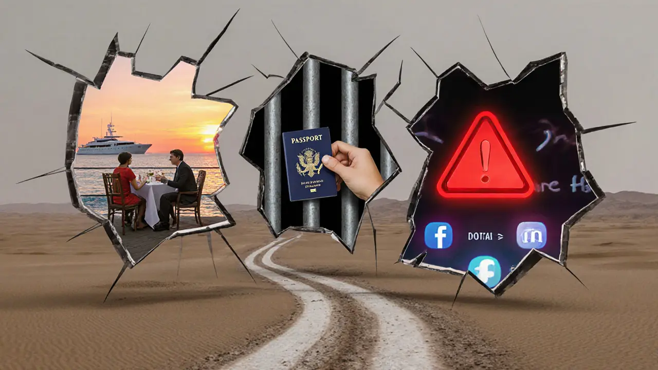 Three symbolic paths: luxury, imprisonment, and warning — representing choices in Dubai.