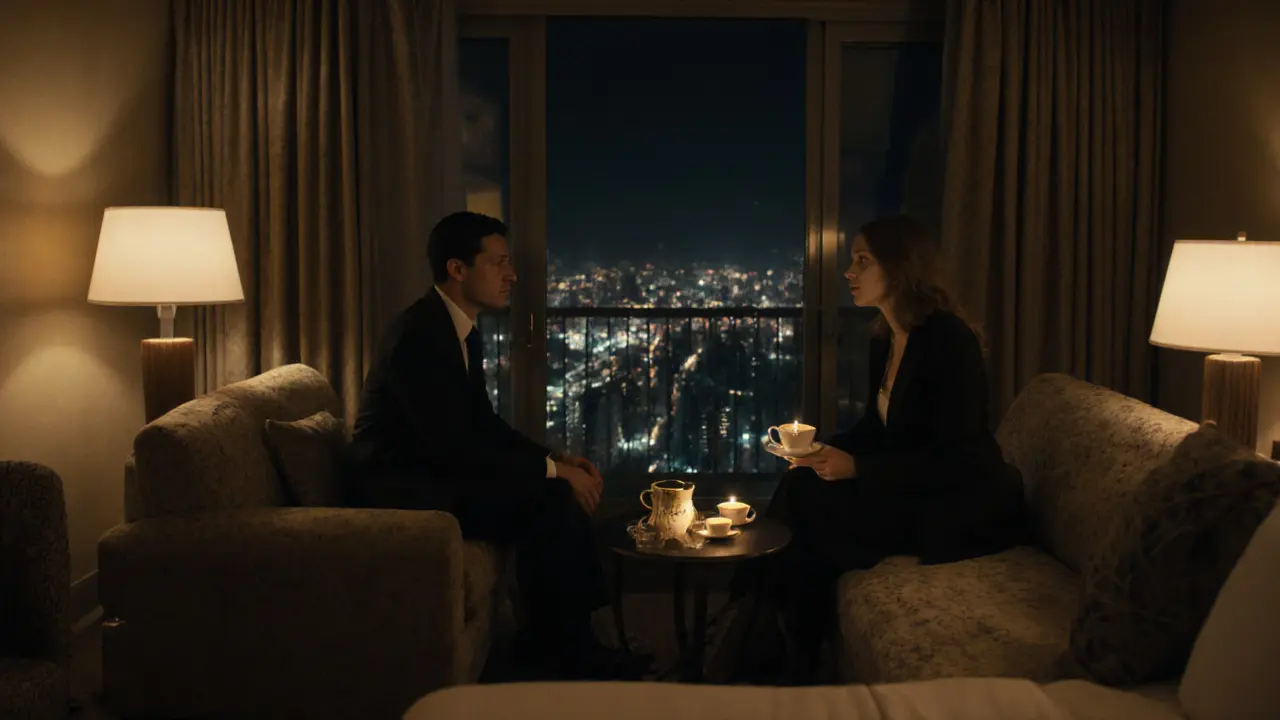 Two people sitting calmly in a luxury hotel room, sharing tea and conversation at night.