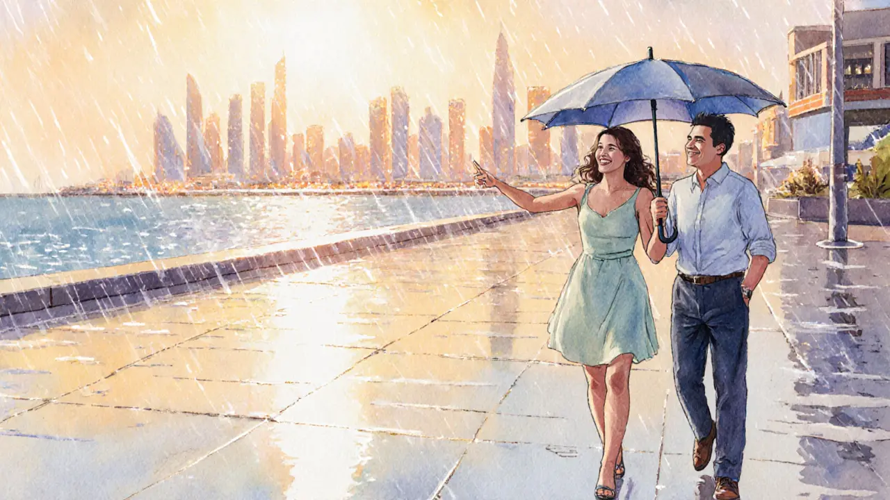 Two people walking together along JBR beach under an umbrella during a light rain, city lights reflecting on wet ground.