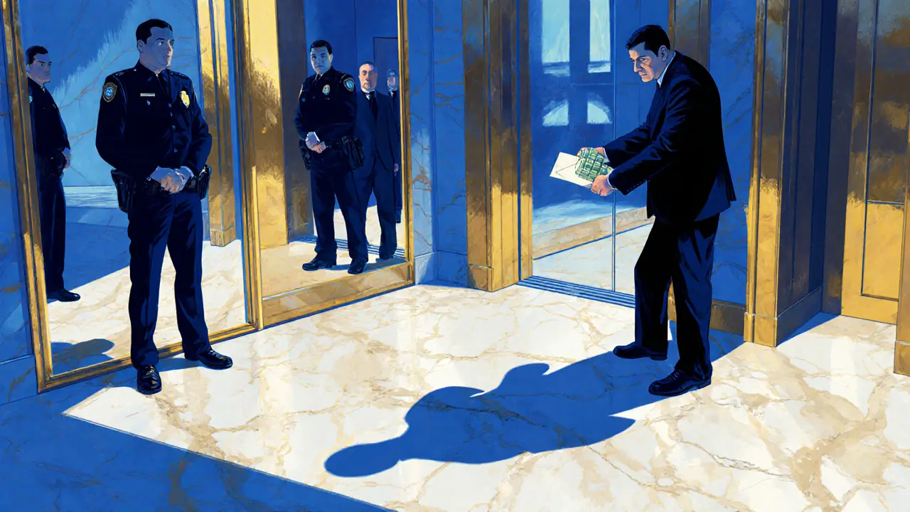 Undercover police observing a man in a hotel lobby holding cash, evoking legal danger.