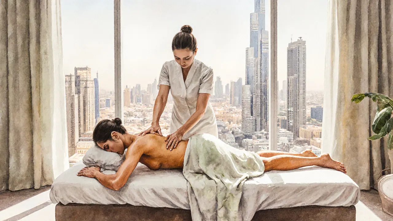 Watercolor depiction of therapeutic body-to-body massage with warm oil and soft lighting in a modern spa.